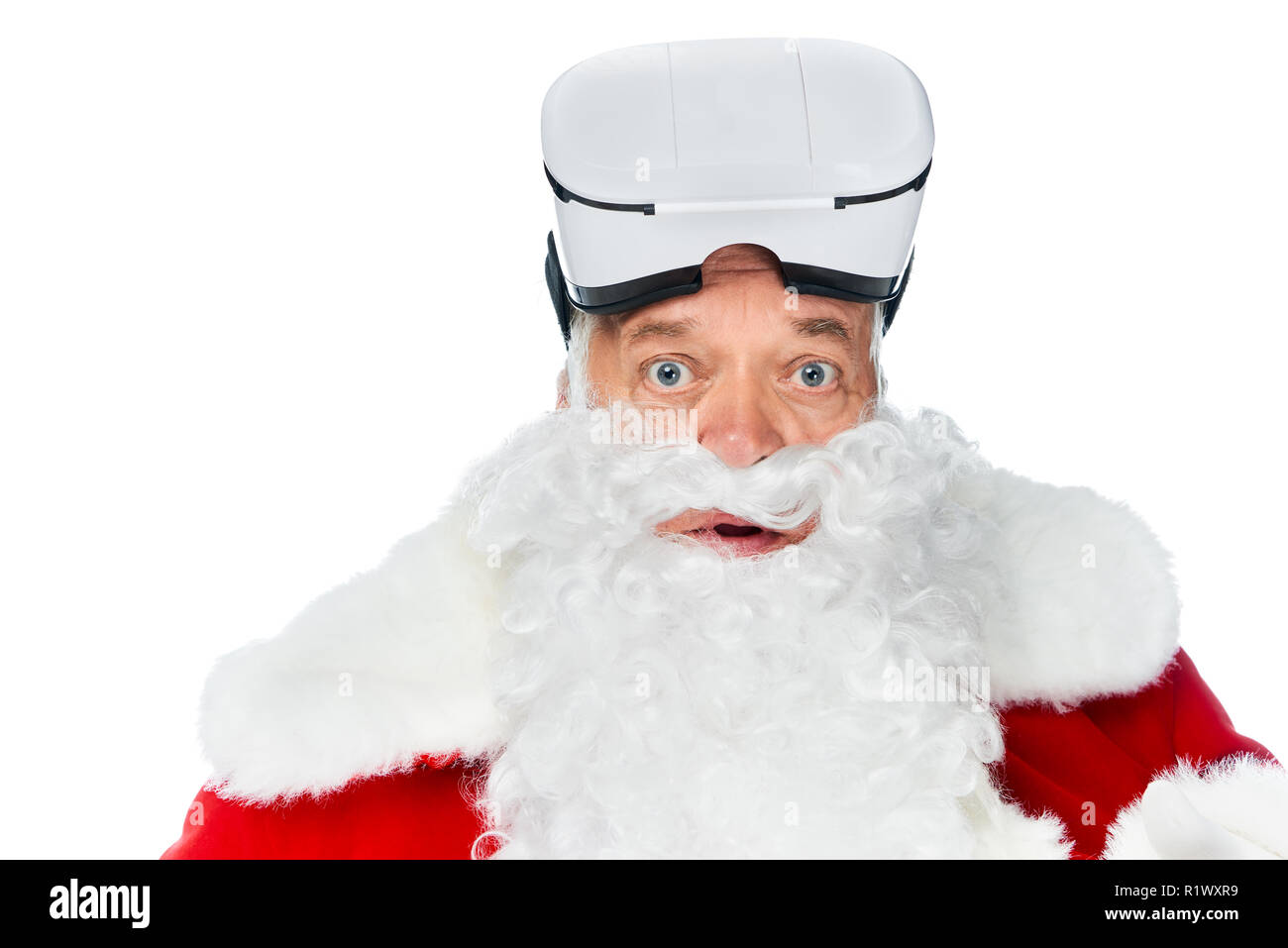 bearded santa claus using vr headset isolated on white Stock Photo