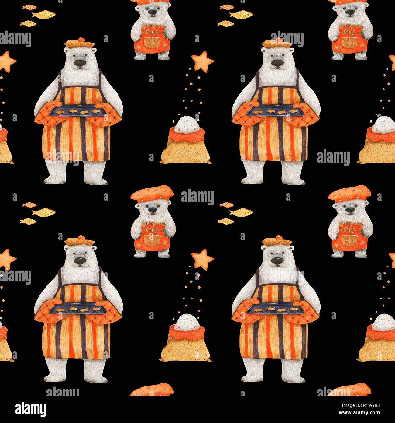 Polar bears baking cookies. Watercolor seamless patterns for textile, wrapping paper and any tiled design. Black background, clipping path uncluded Stock Photo