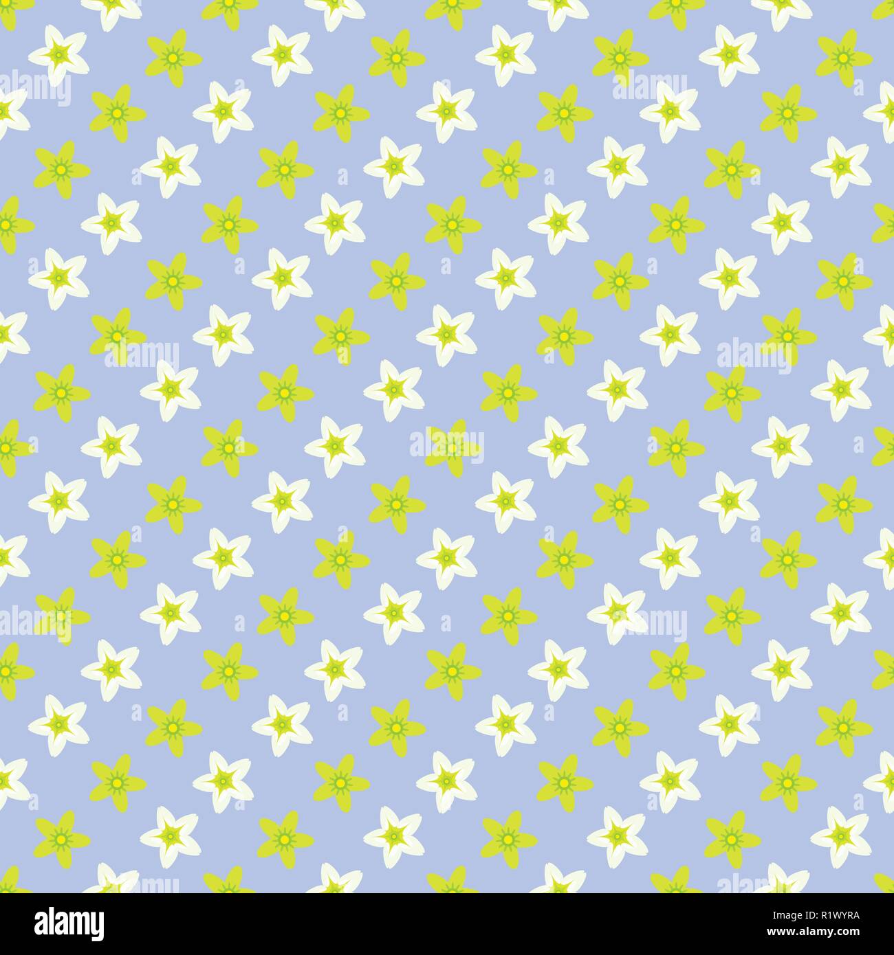 Spring vector seamless pattern with daffodils and green flowers on the blue background for wrapper, bed linen, curtains, pillows, other home textile a Stock Vector