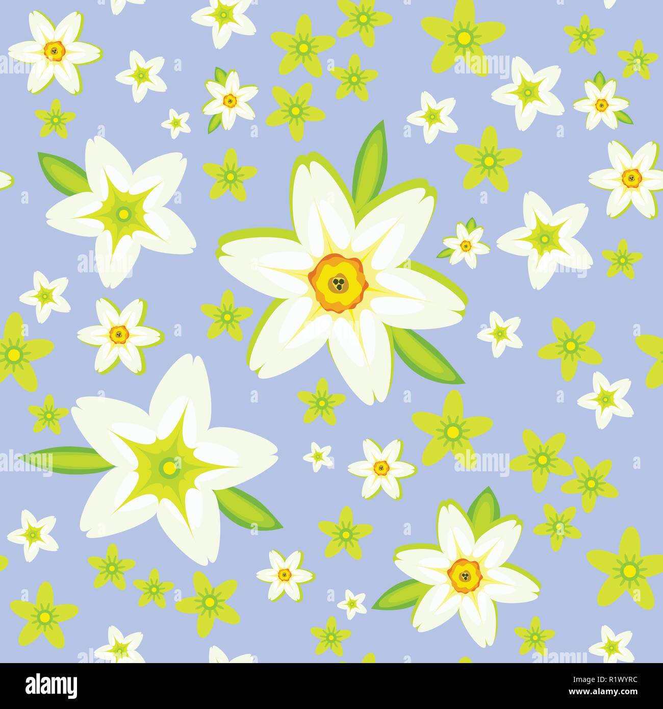 Spring vector seamless pattern with daffodils and green flowers on the blue background for wrapper, bed linen, curtains, pillows, other home textile a Stock Vector