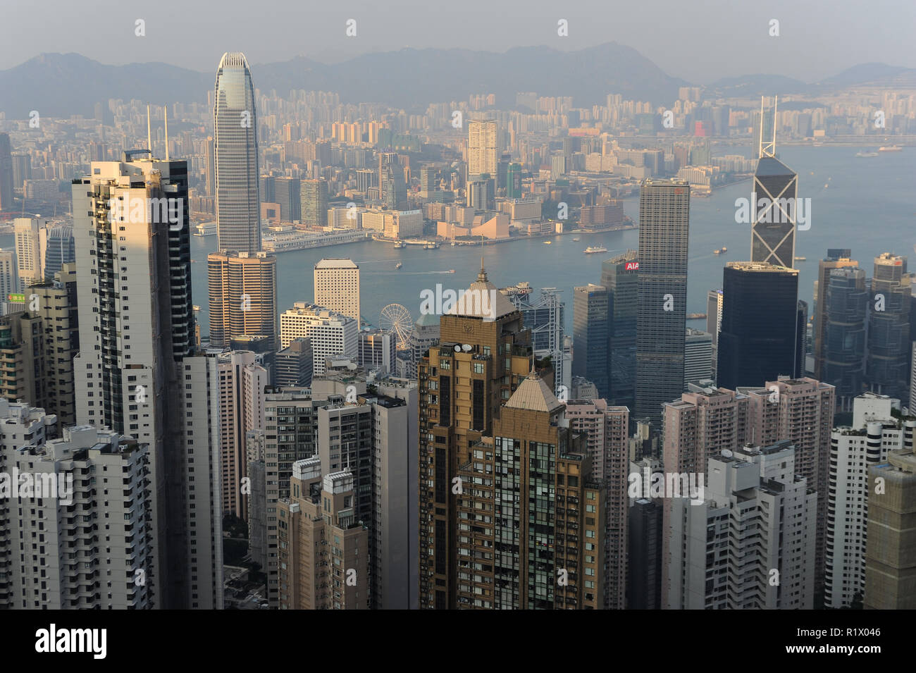 12.10.2014, Hong Kong, China, Asia - A panoramic view of Hong Kong, Victoria Harbour and Kowloon from Victoria Peak. Stock Photo