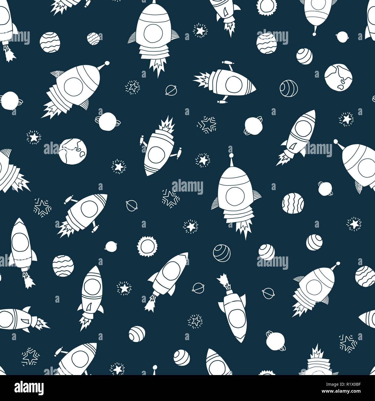 Space Rockets Seamless Vector Pattern Background White Cosmic Elements Rocket Ships Planets Stars On Blue Background Great For Kids Children School Supplies Wallpaper Gift Wrap Fabric Boys Stock Vector Image Art