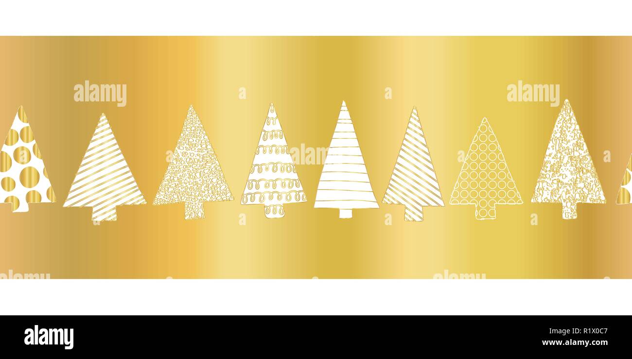 Gold foil christmas tree seamless vector pattern border. White hand ...