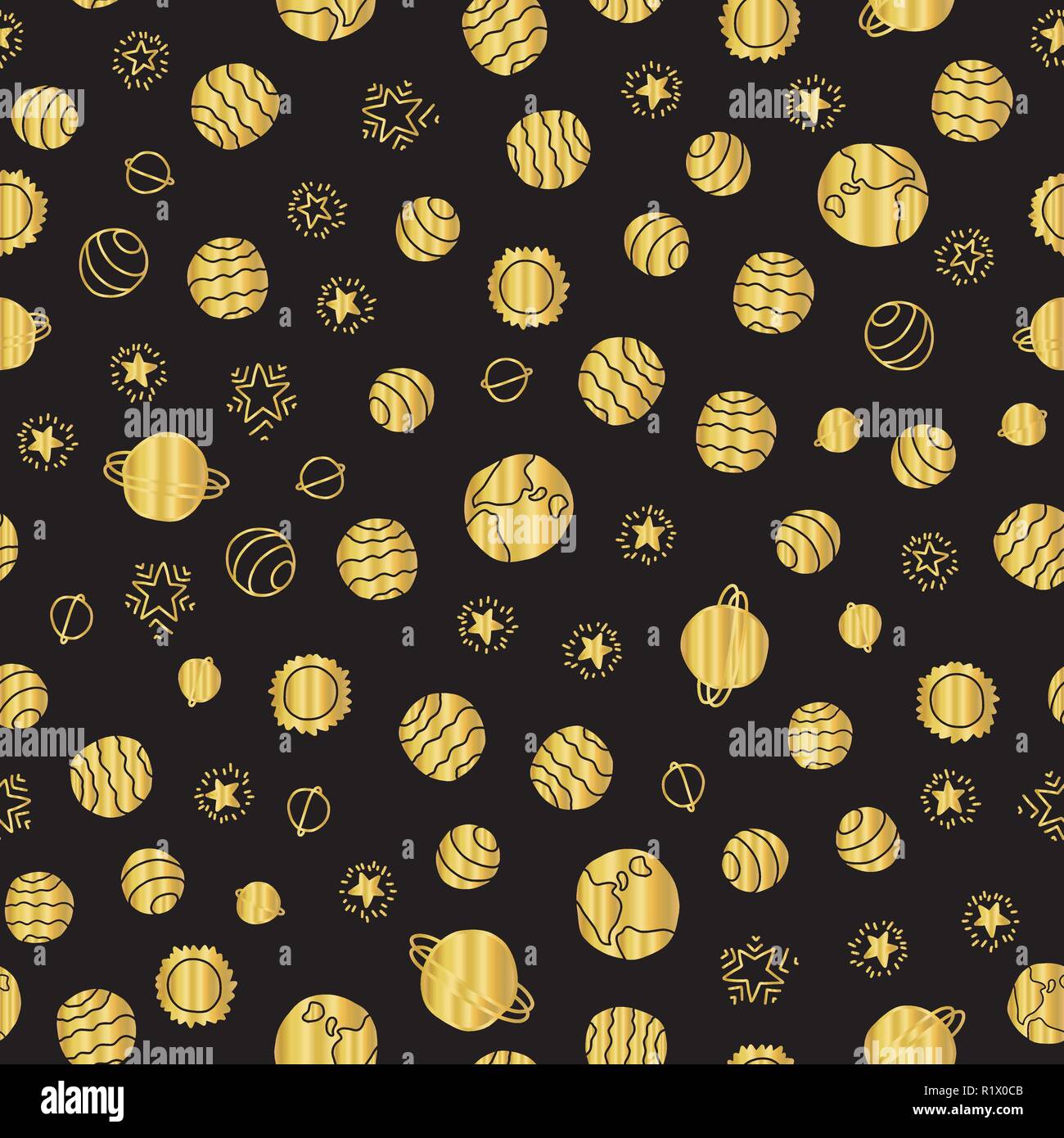 Gold foil space planets seamless vector pattern background. Golden hand ...