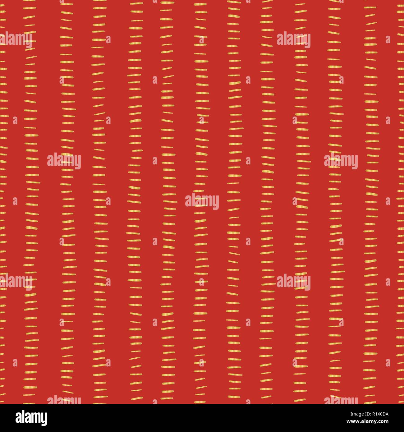 Gold foil stripes on red seamless Christmas vector pattern. Simple Christmas background. Horizontal golden strokes in vertical lines. For digital paper, web banner, New Year, invitation, celebration Stock Vector
