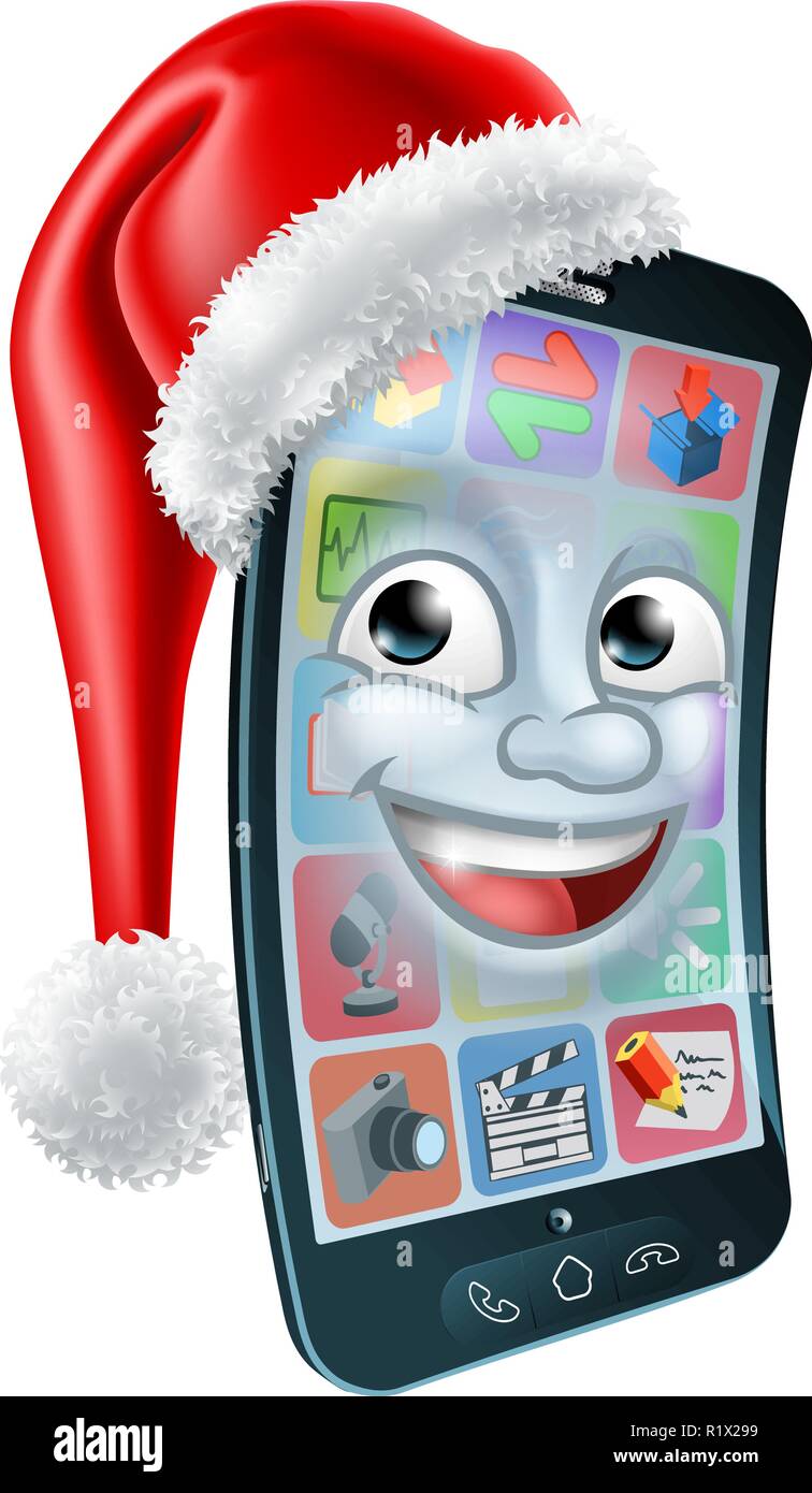 Mobile Cell Phone Christmas Mascot in Santa Hat Stock Vector