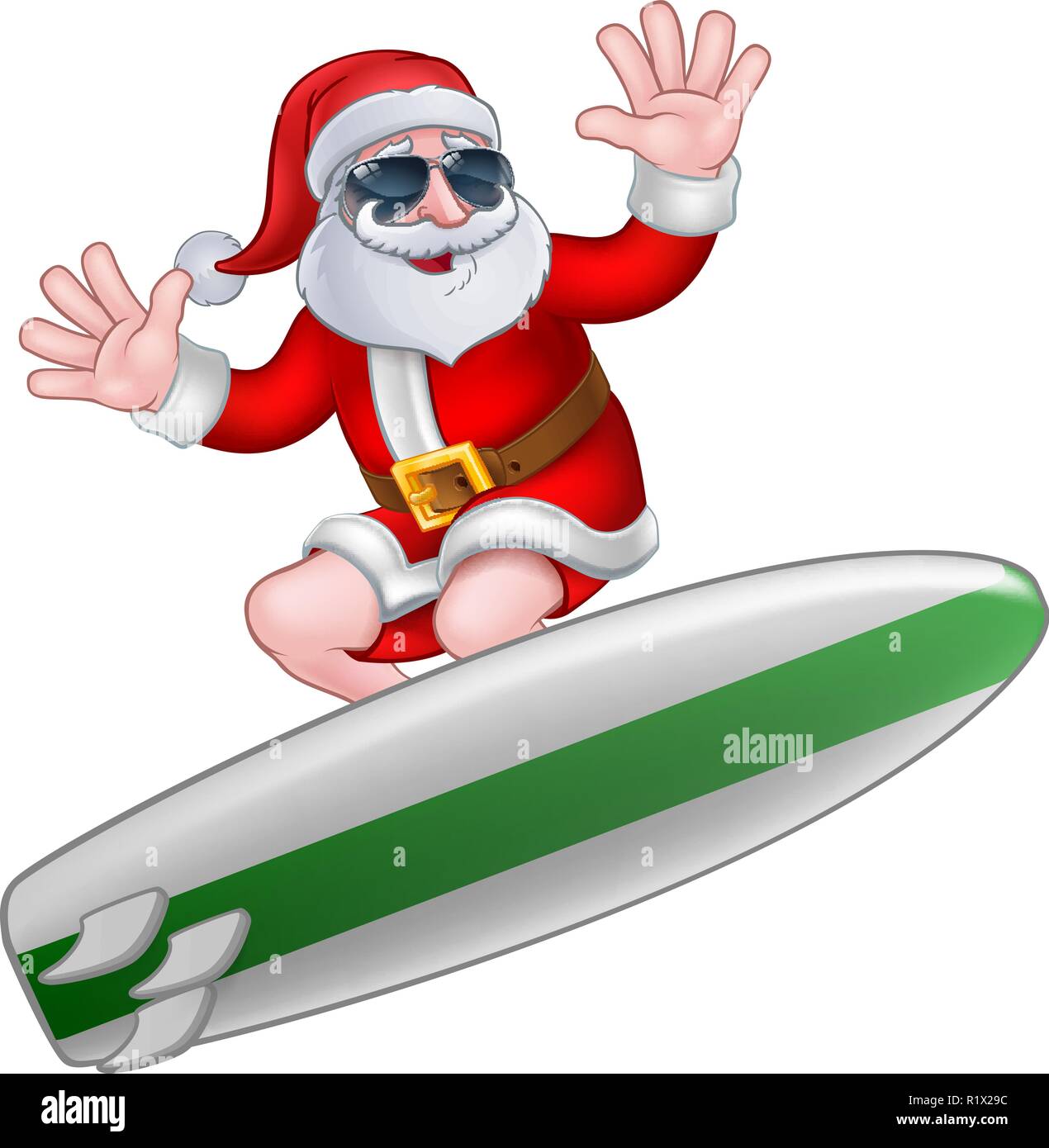 Cool Christmas Santa in Shades Surfing Stock Vector