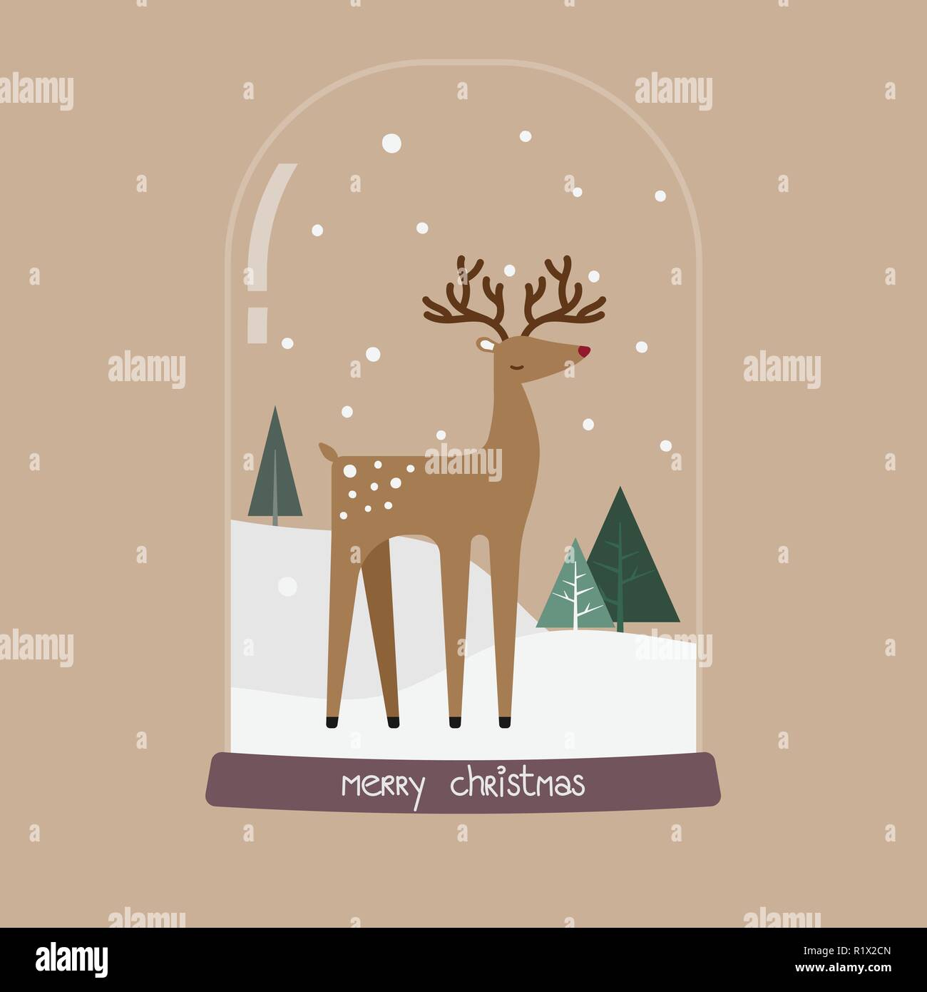 Red Christmas snow globe with reindeer and pine trees vector ...