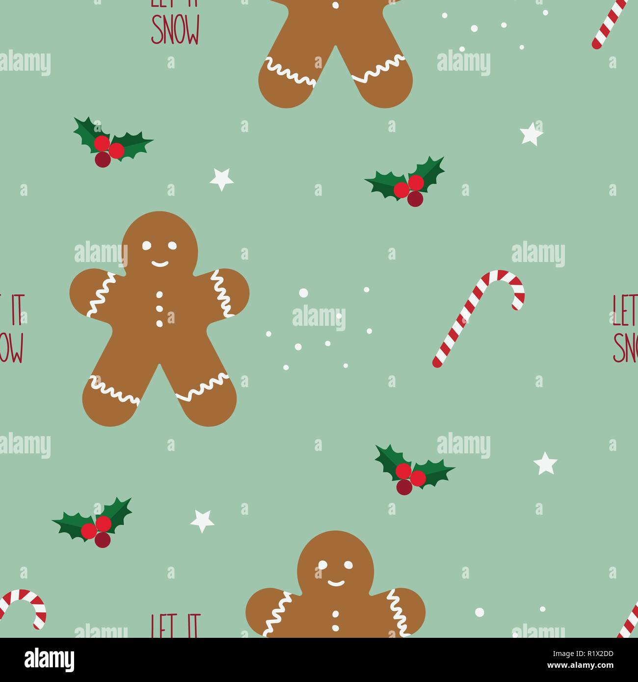 Christmas seamless pattern with gingerbread man cookie, candy cane ...
