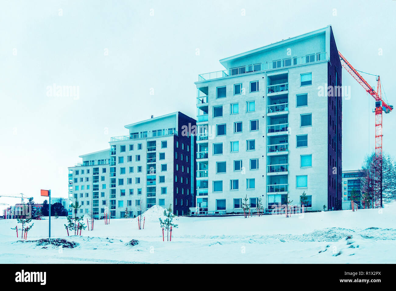 New complex in apartment buildings under development, at winter ...
