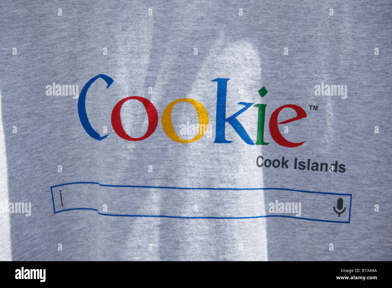 T-shirt featuring a Cook Islands Google search parody. Stock Photo