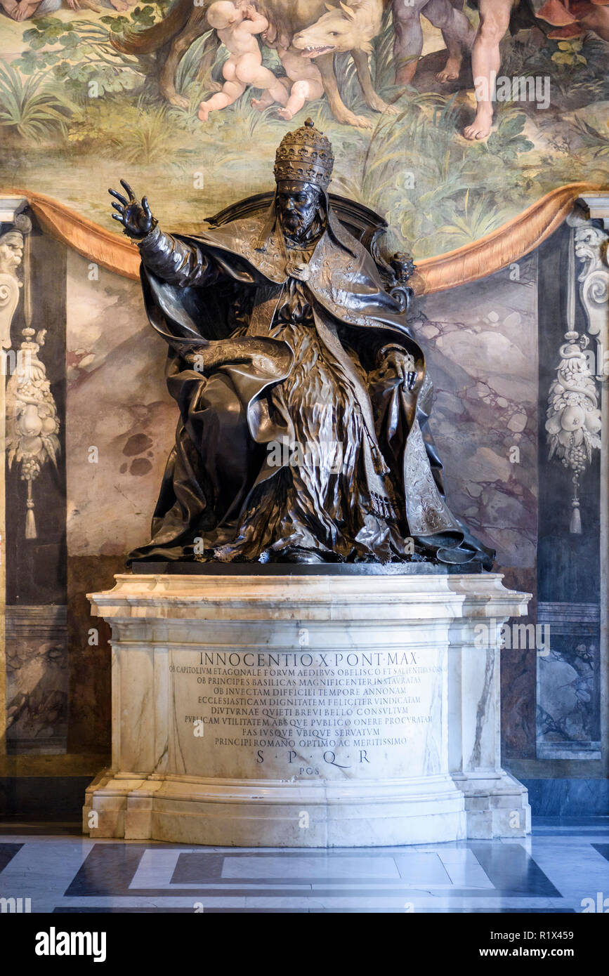 Rome. Italy. Statue of Pope Innocent X by Alessandro Algardi (1645–1649), Hall of the Horatii and Curiatii, Capitoline Museums. Musei Capitolini.  Pop Stock Photo