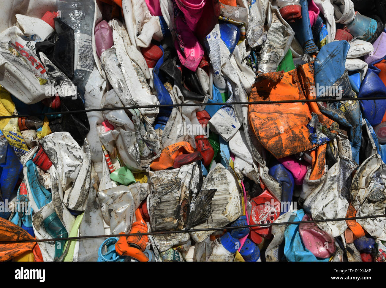 Pressed plastic waste cubes for recycling at the Mixedwaste processing