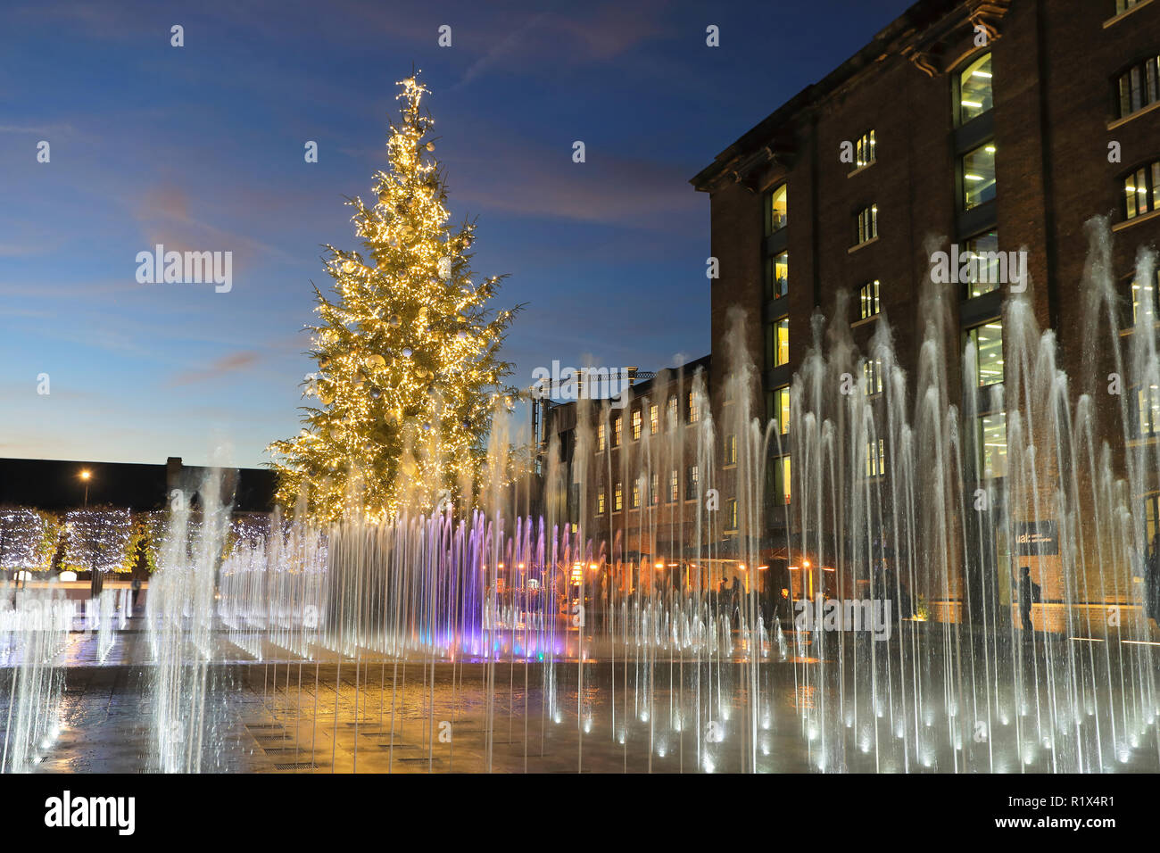 The Christmas tree amongst the fountains in Granary Square at dusk, at