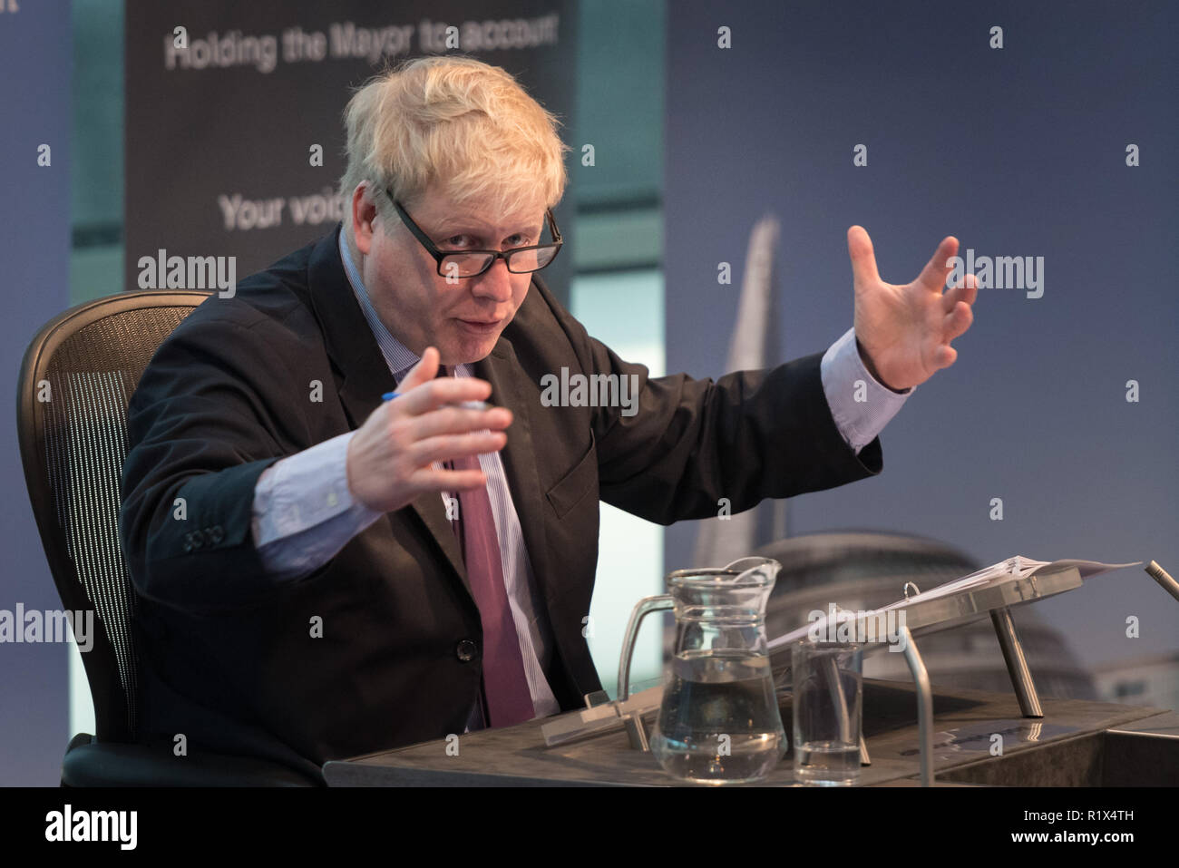 The Chamber at City Hall, The Queen’s Walk, London, UK. 22nd February, 2016. The current Mayor of London, Boris Johnson, presents his last £16 billion Stock Photo