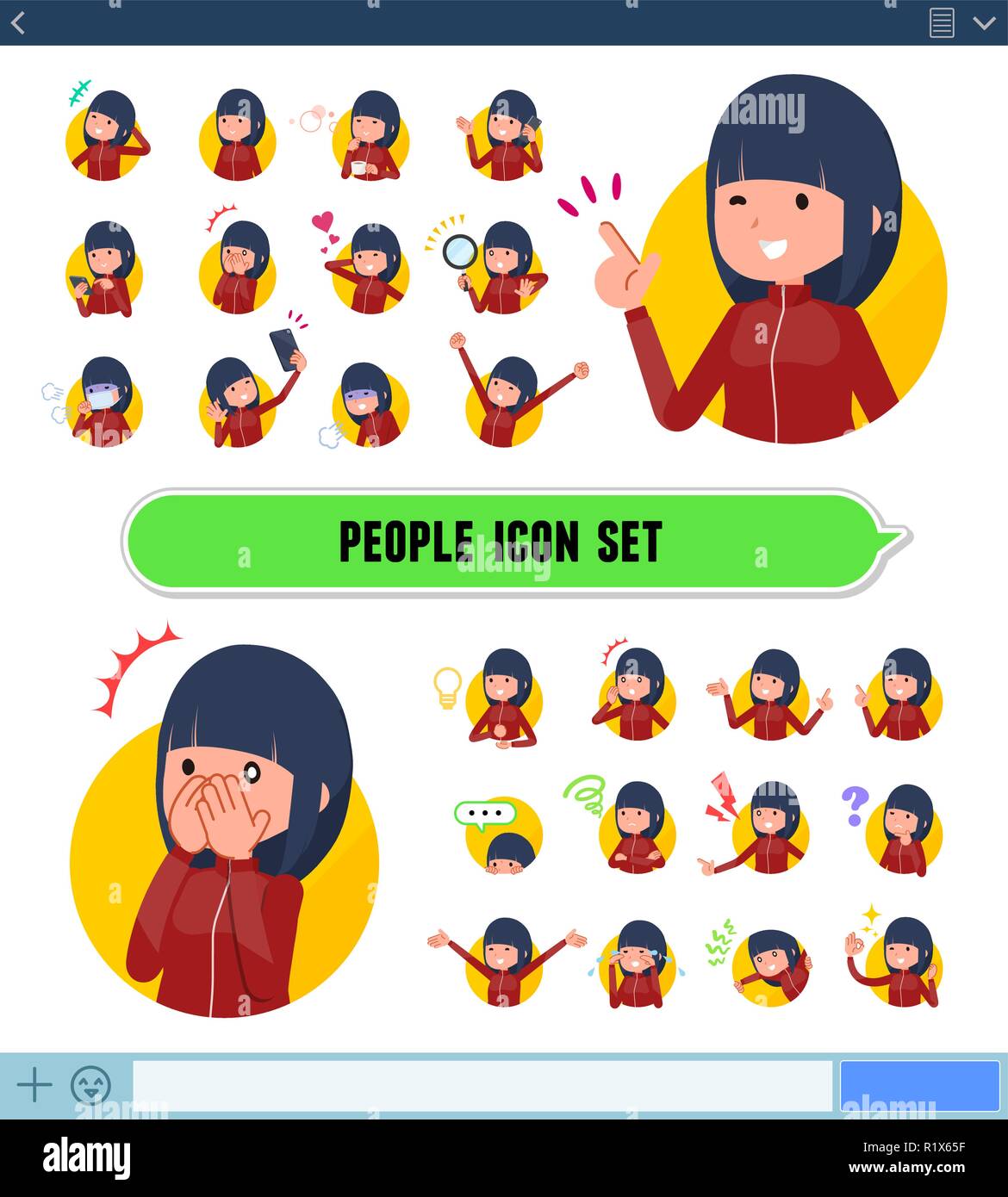 A set of women in sportswear with expresses various emotions on the SNS screen.There are variations of emotions such as joy and sadness.It's vector ar Stock Vector