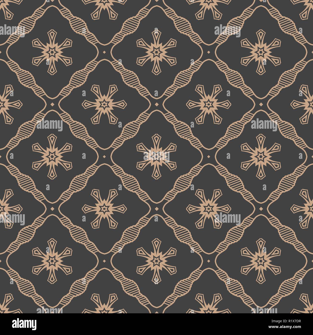 Vector damask seamless retro pattern background wave spiral curve cross ...