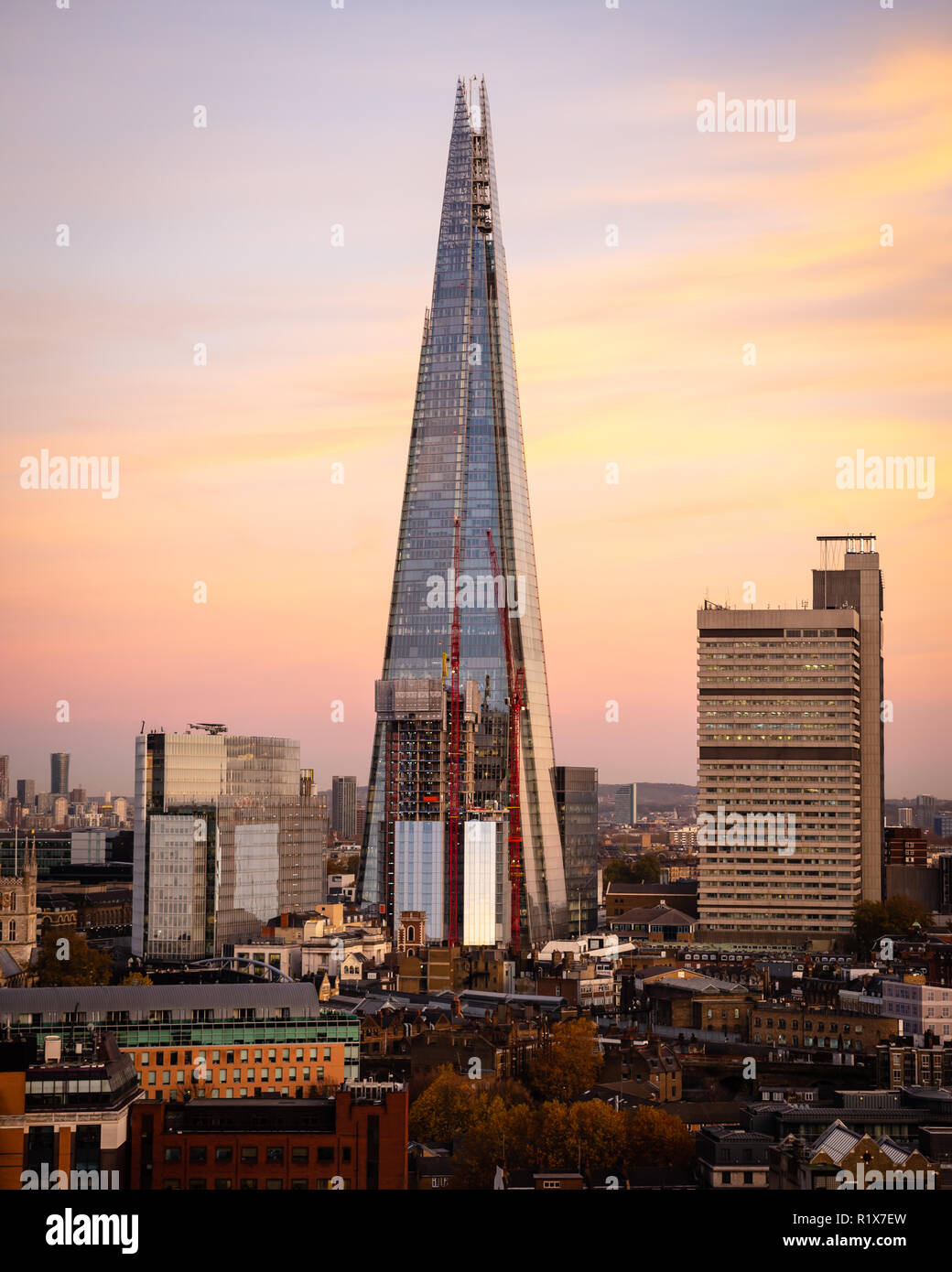 London Skyline with a Pink Sky Stock Photo