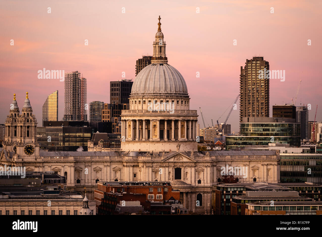 London Skyline with a Pink Sky Stock Photo