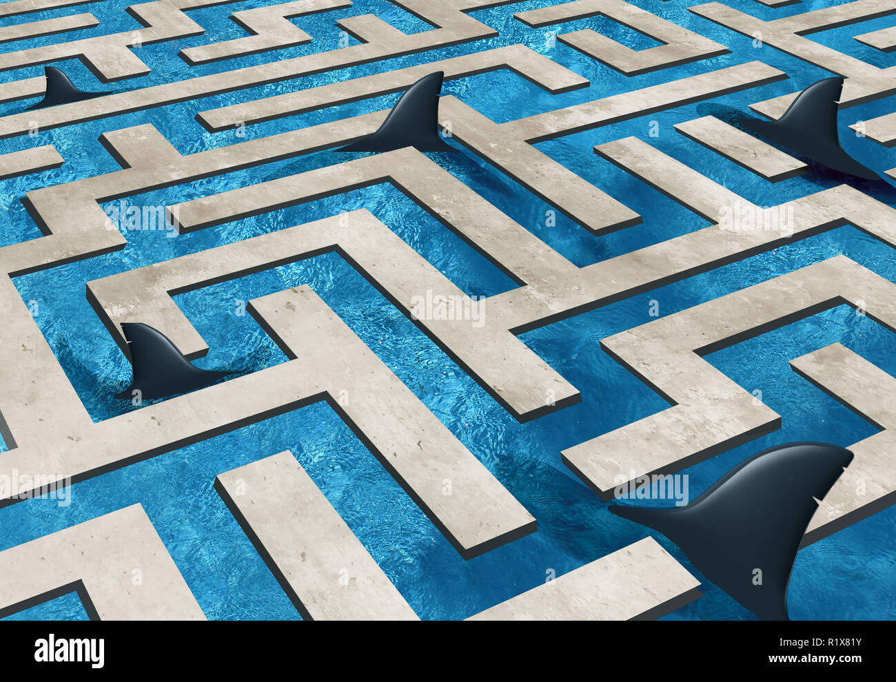 Challenge risk business and insurance symbol as a maze pool infested with dangerous sharks with 3D illustration elements. Stock Photo