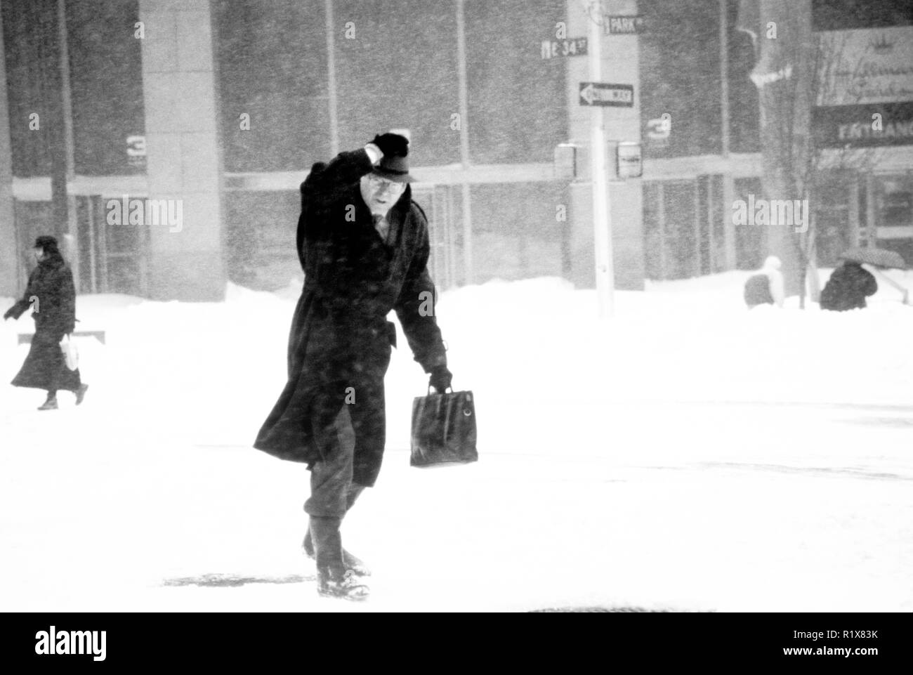Businessman Walking to Work in Blizzard, NYC  1996 Stock Photo