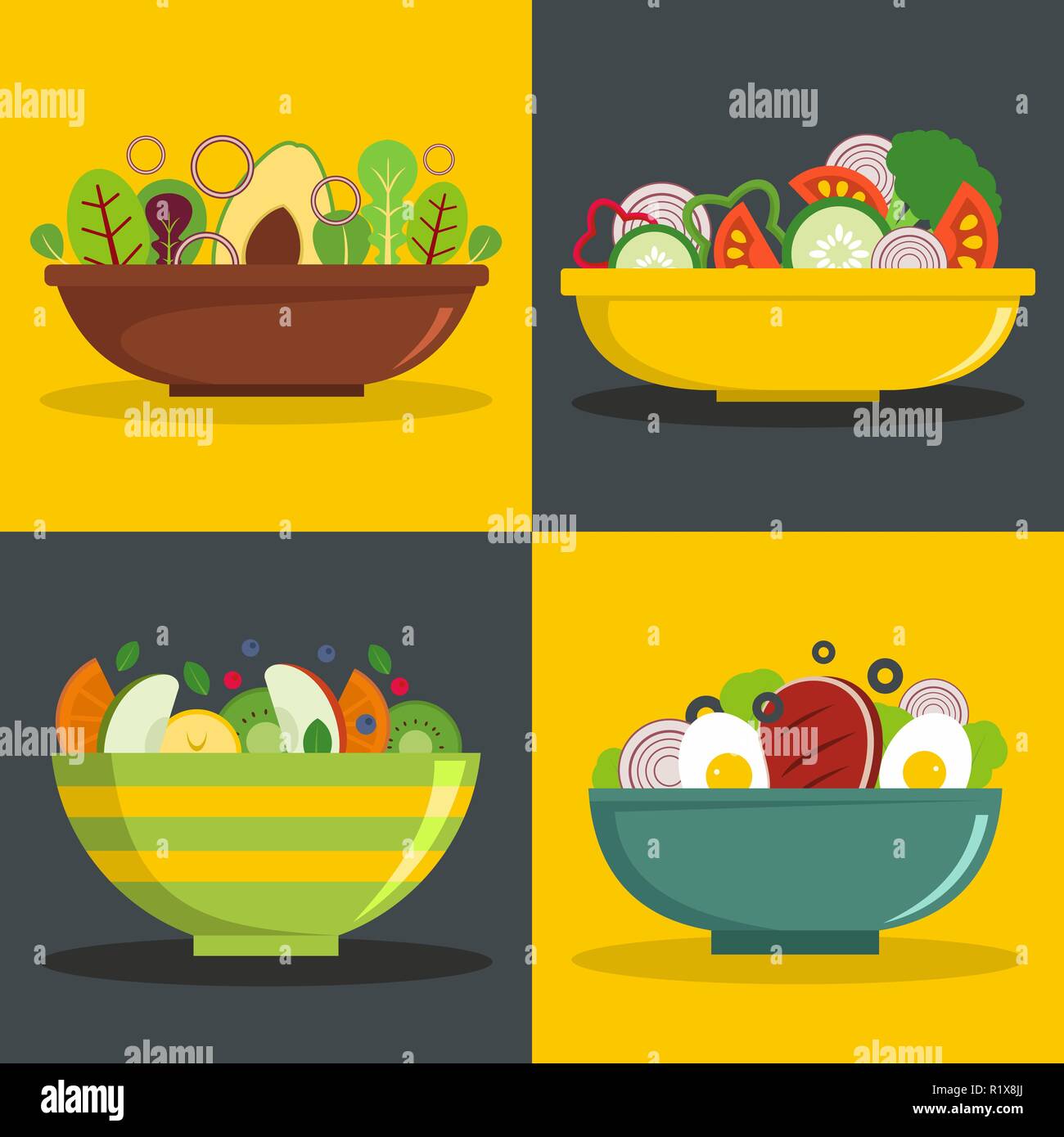 Salad bowl banner horizontal concept set. Flat illustration of 4 salad