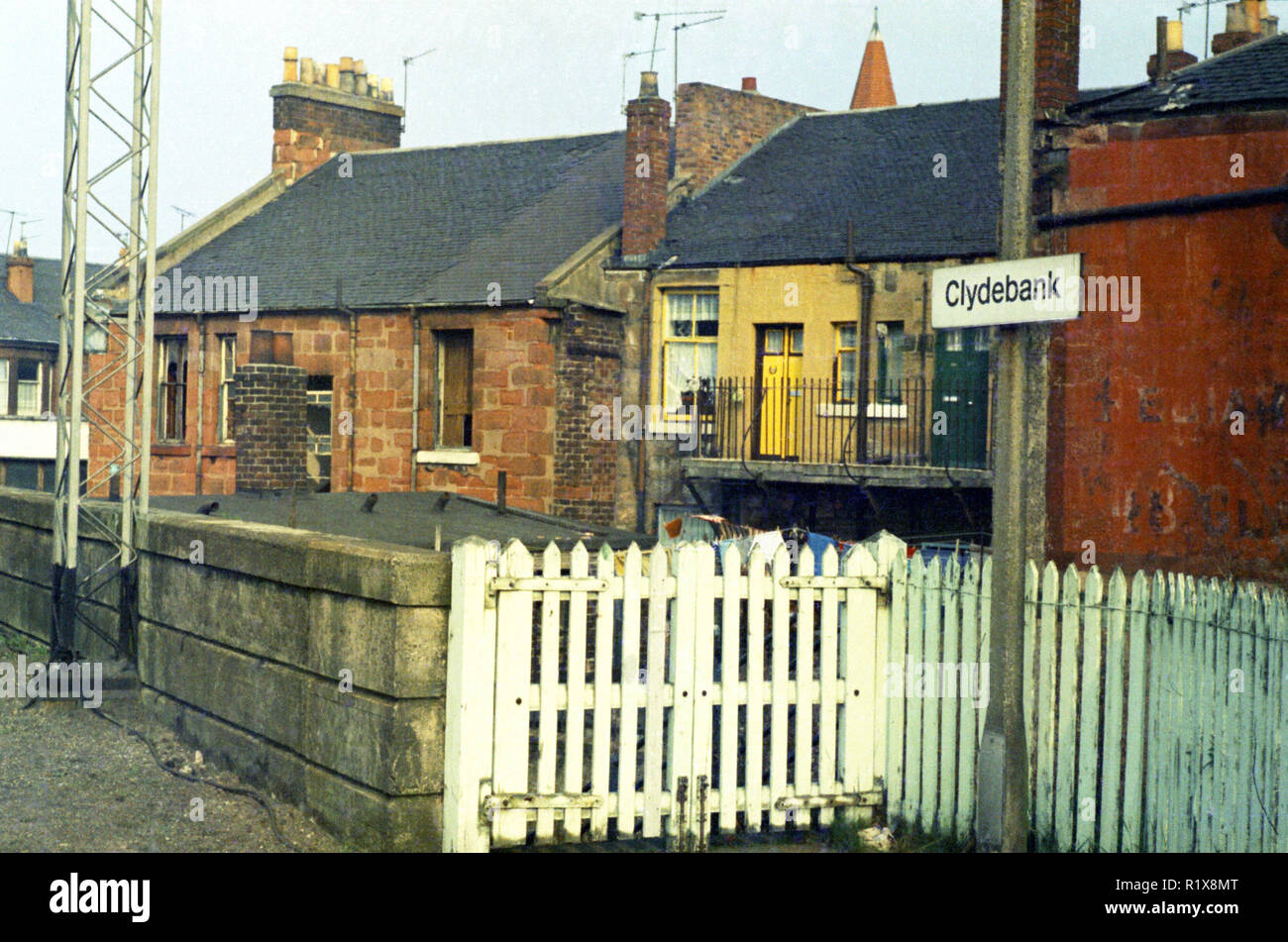 On the platform of Clydebank train station looking at the back of the