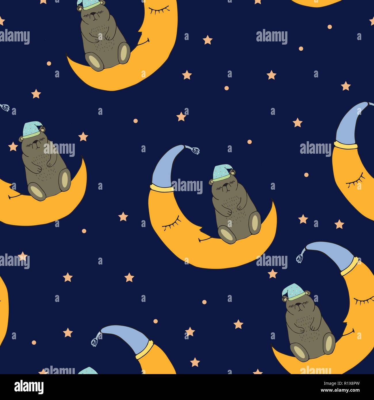 Good Night Seamless Pattern With Pretty Sleeping Bear Moon And