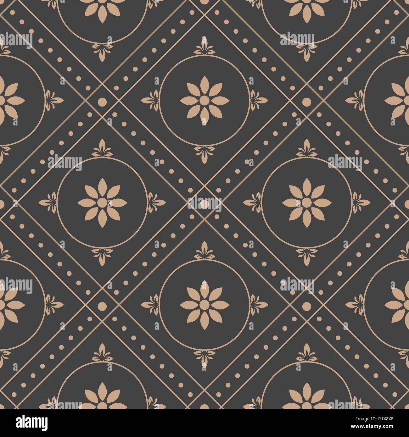 Vector damask seamless retro pattern background round geometry check ...