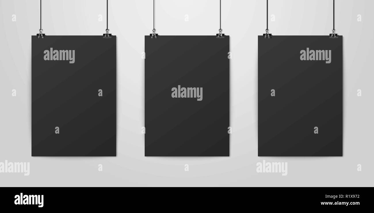 Three Vector Realistic Black Blank Vertical A4 Paper Poster Hanging on