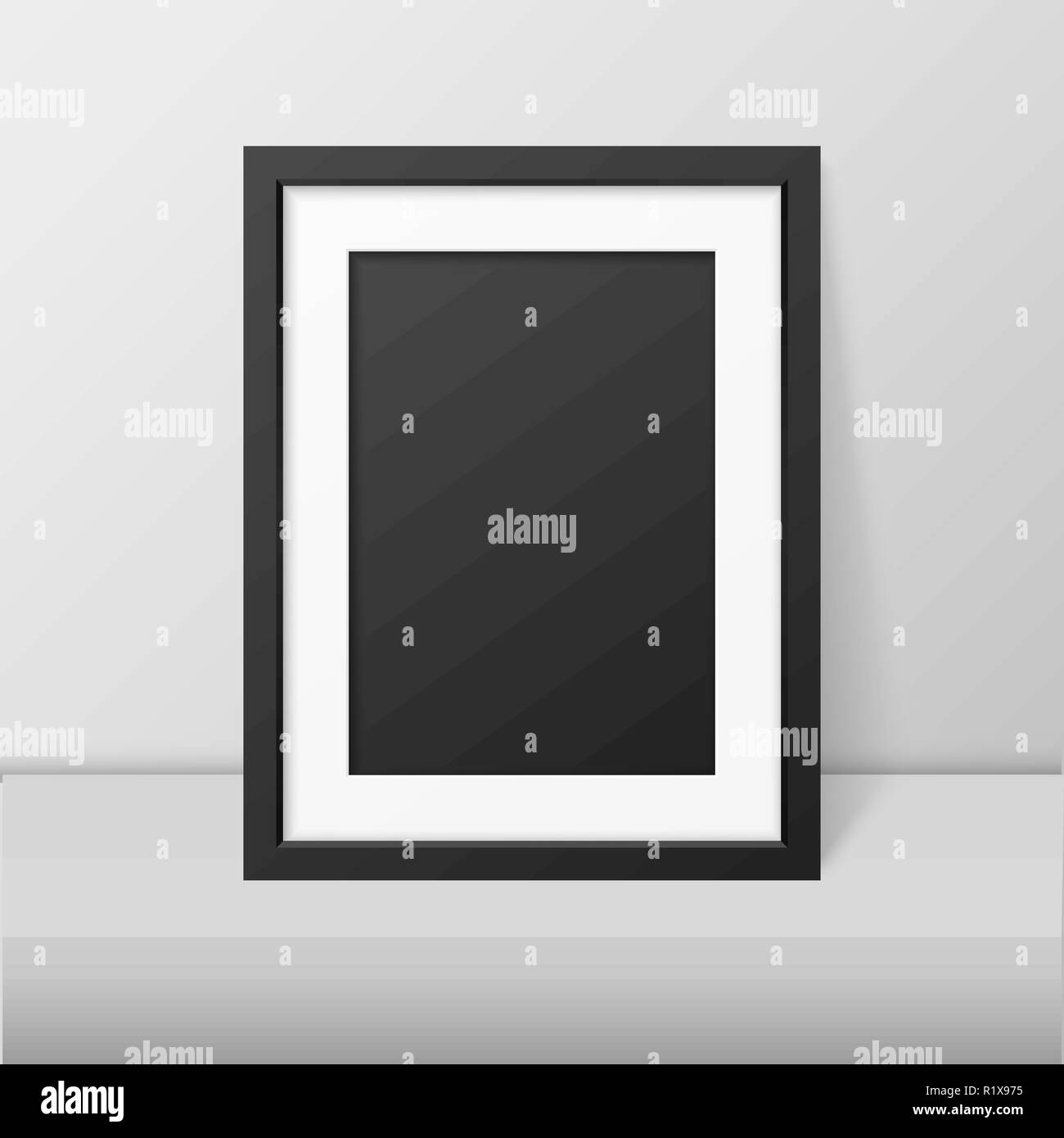 Download Vector 3d Realistic Modern Interior Black Blank Vertical A4 Wooden Poster Picture Frame On Table Or