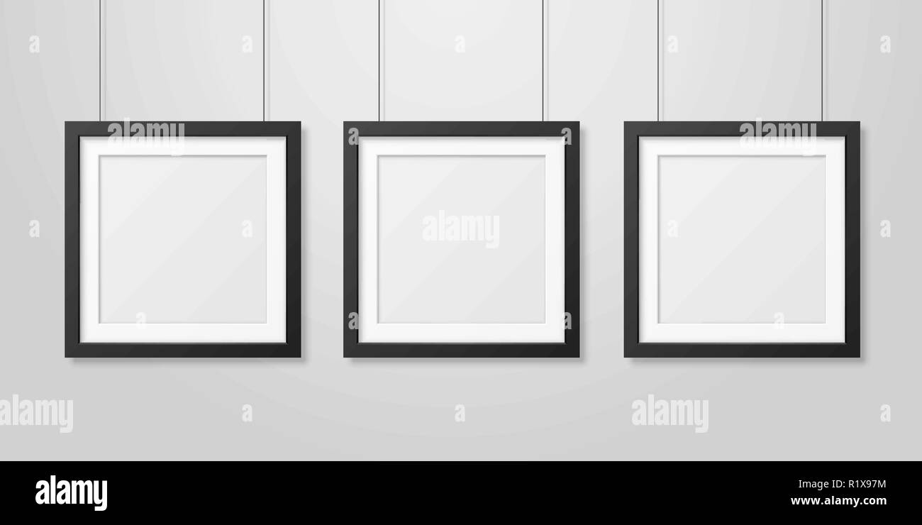 Three Vector Realistic Modern Interior Black Blank Square Wooden Poster