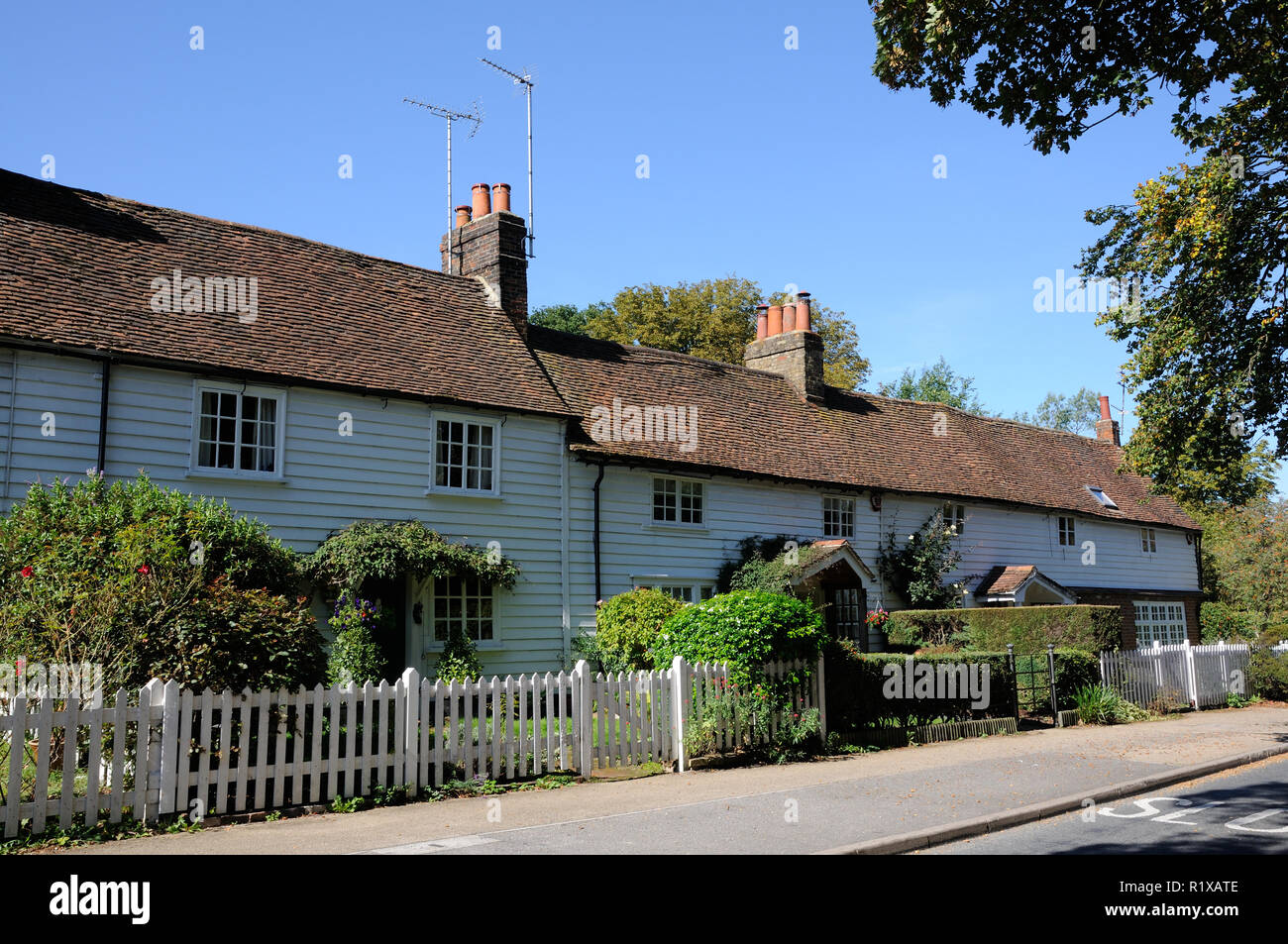 Row of weatherboarded cottages, Little Berkhamsted, Hertfordshire Stock Photo Alamy