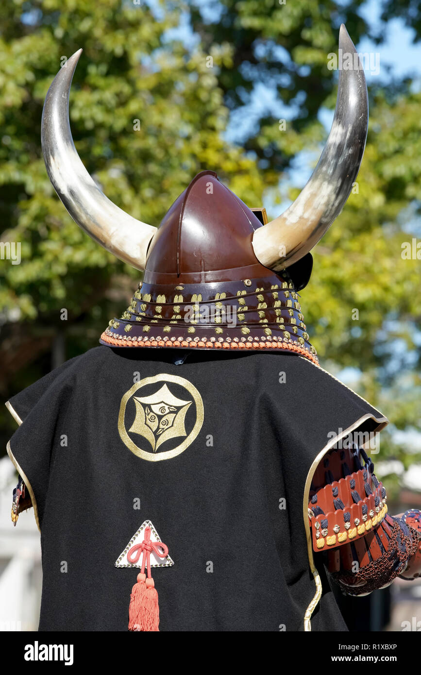 Japanese samurai tradition armor and helmet, close-up Stock Photo