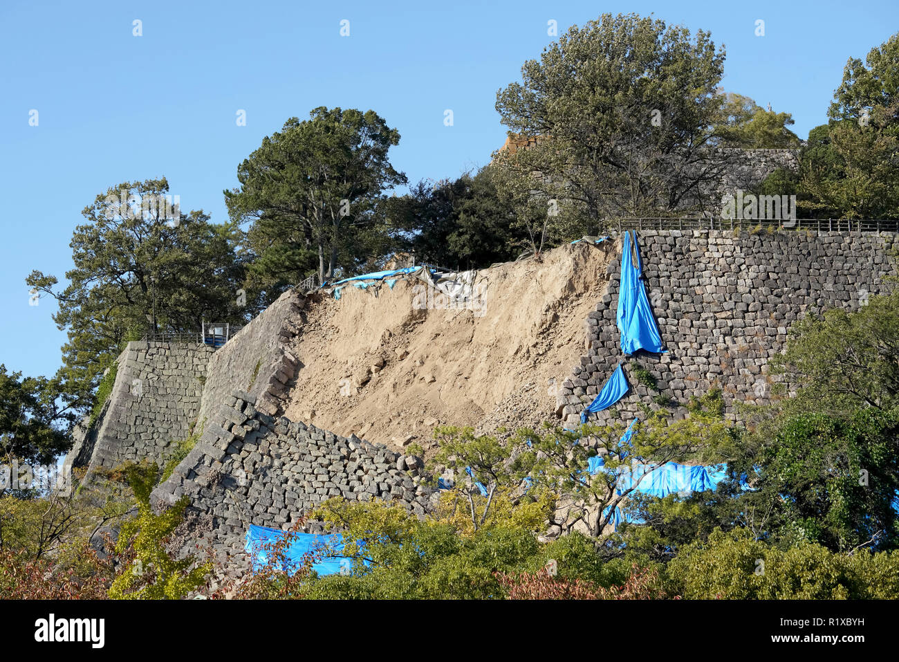Old stone wall collapsed, Marugame-castle in Kagawa, Japan Stock Photo
