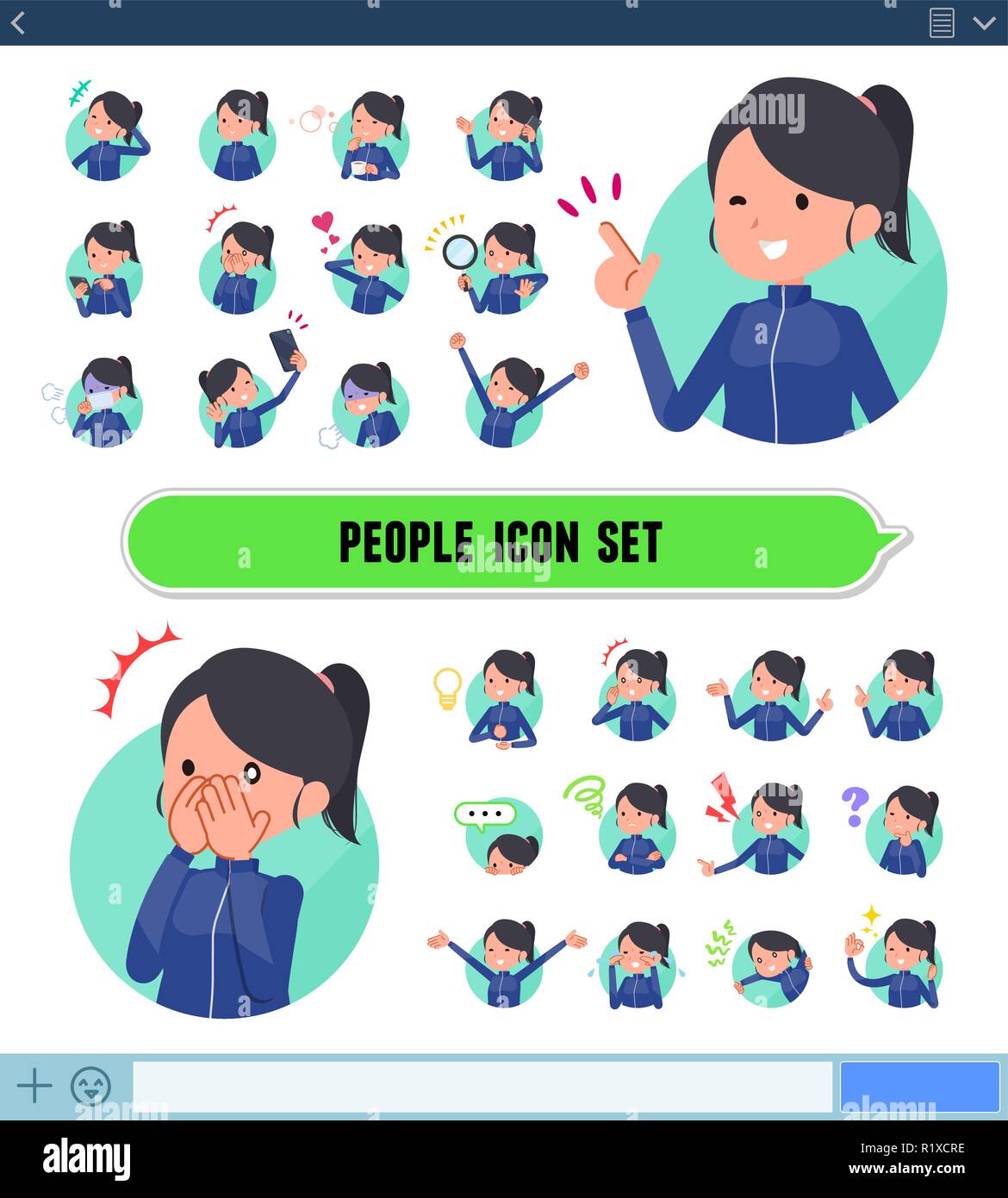 A set of women in sportswear with expresses various emotions on the SNS screen.There are variations of emotions such as joy and sadness.It's vector ar Stock Vector