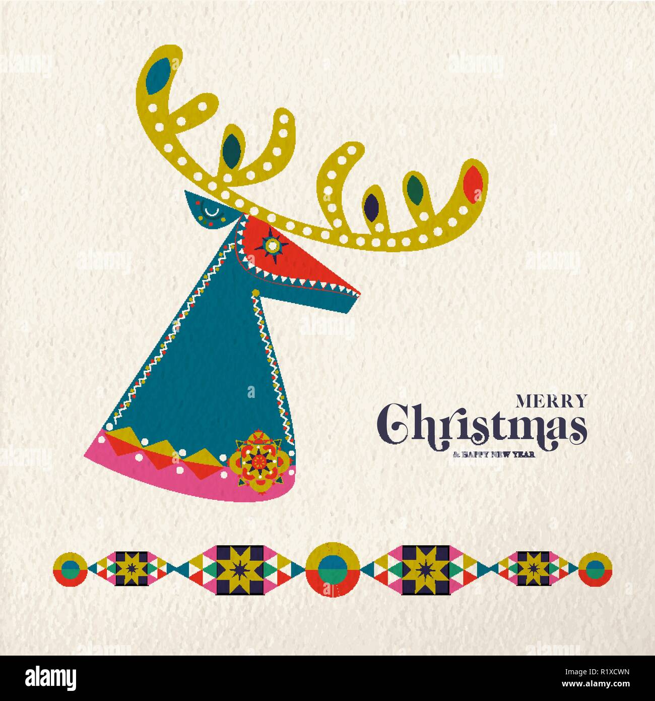 Merry Christmas and Happy New Year folk art greeting card reindeer ...