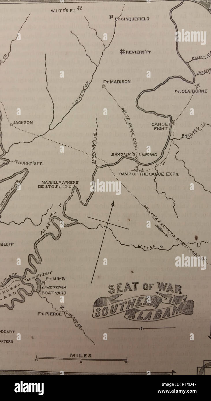 Map of Alabama during the War of 1812. Fort Mims is located in the lower left Stock Photo
