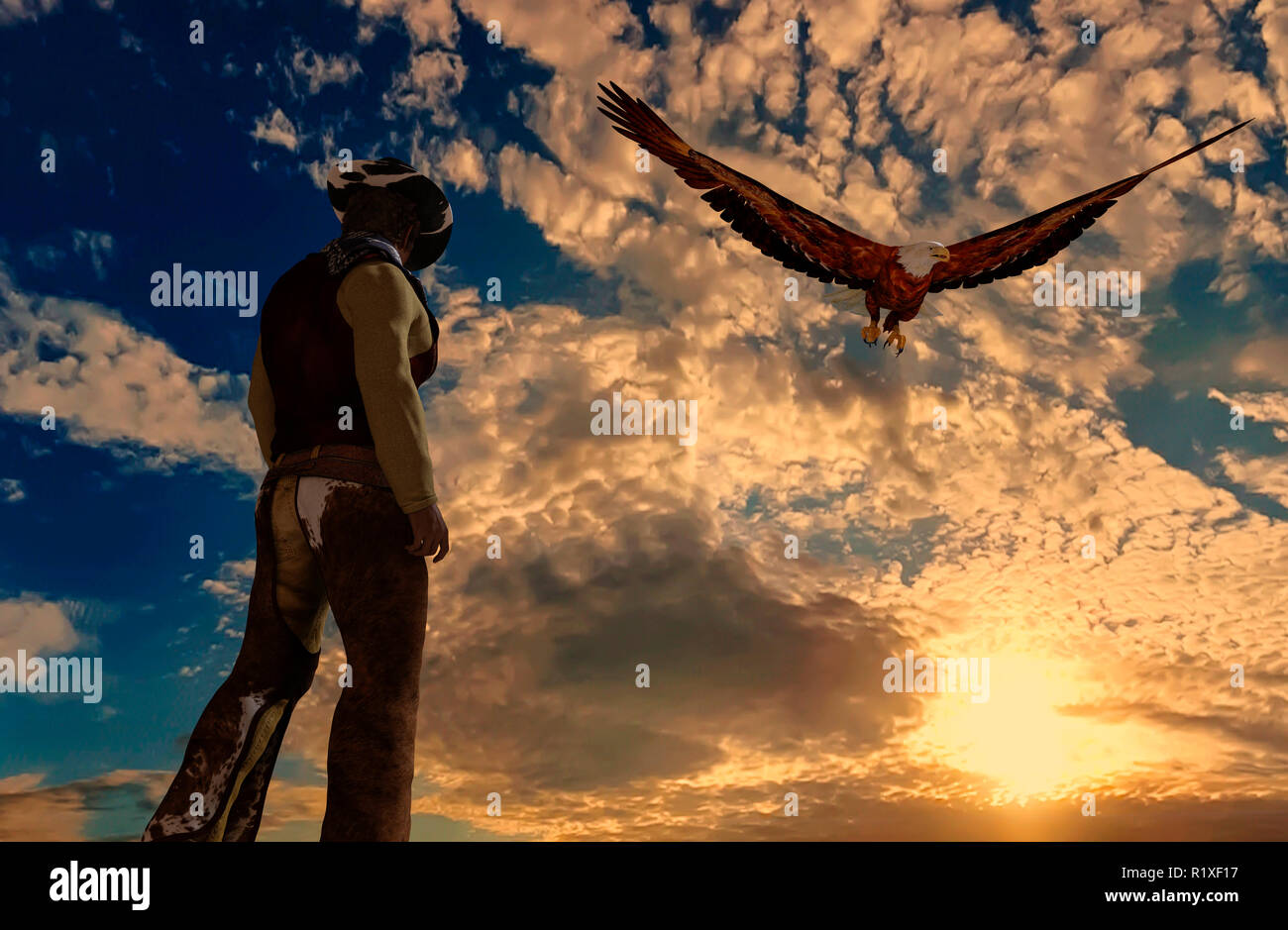 Illustration of a cowboy at sunset background with an eagle - 3D ...