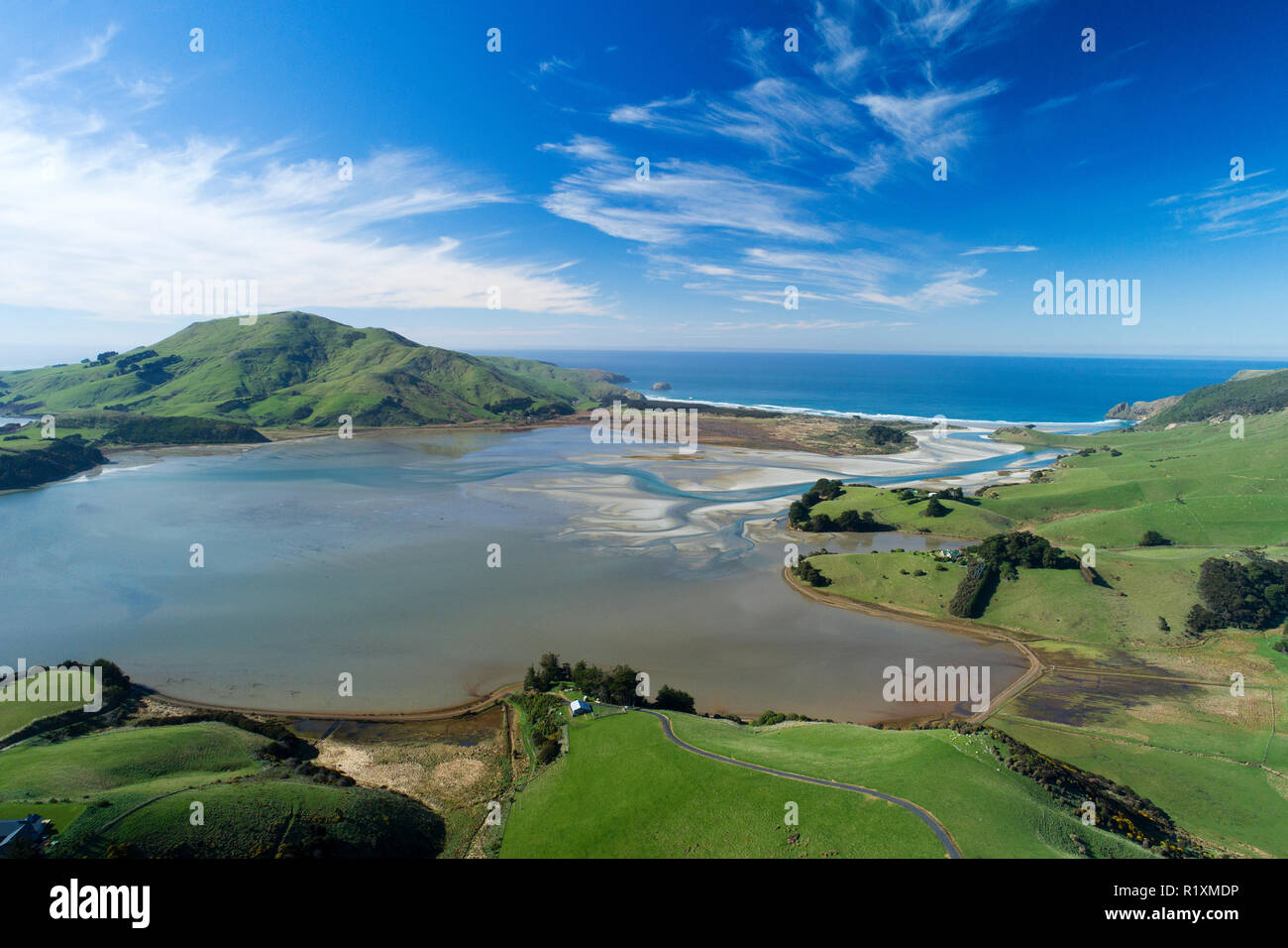 Hoopers Inlet, Otago Peninsula, Dunedin, South Island, New Zealand - drone aerial Stock Photo