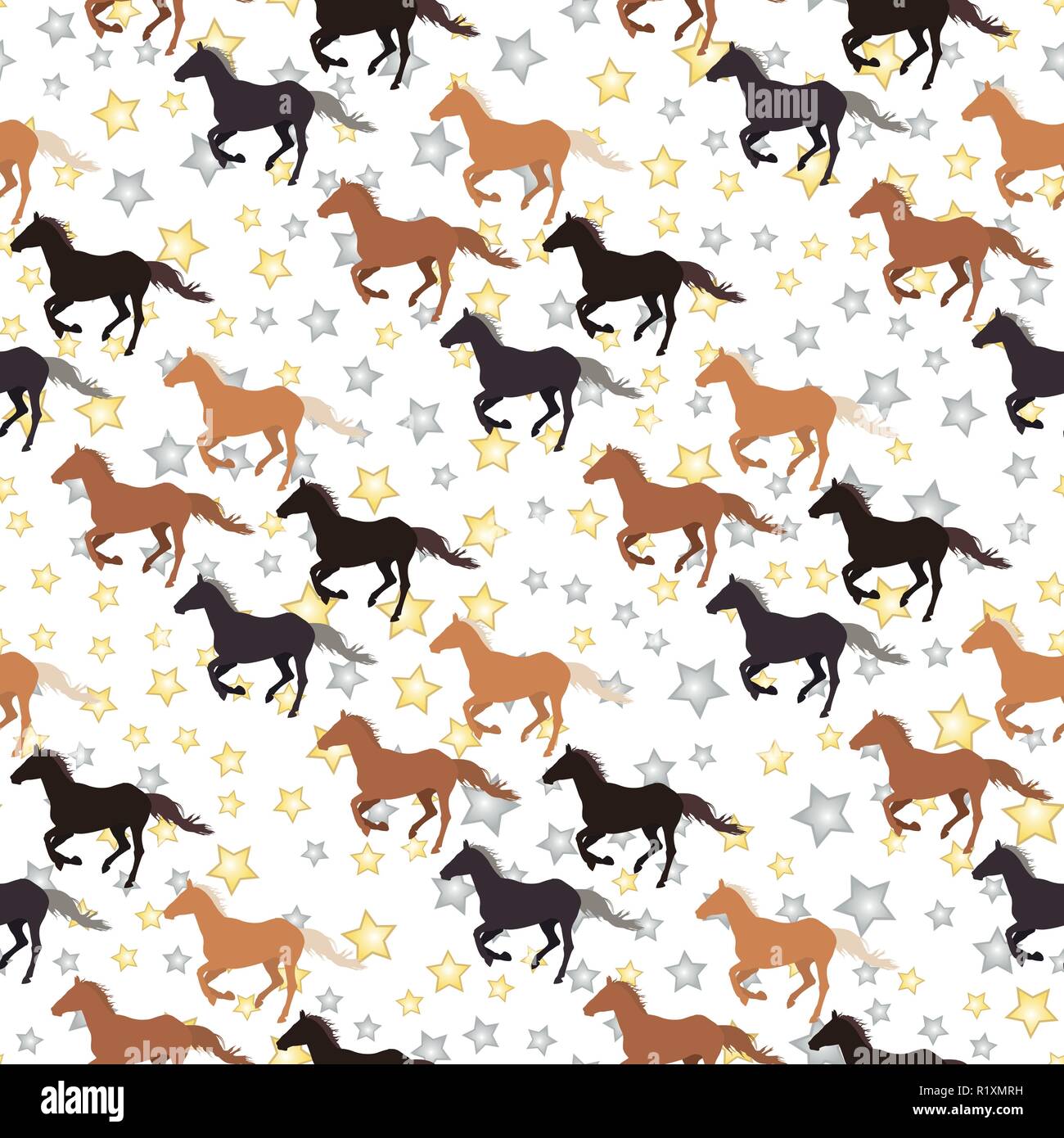 Seamless equestrian pattern on a white background with stars. Diagonal