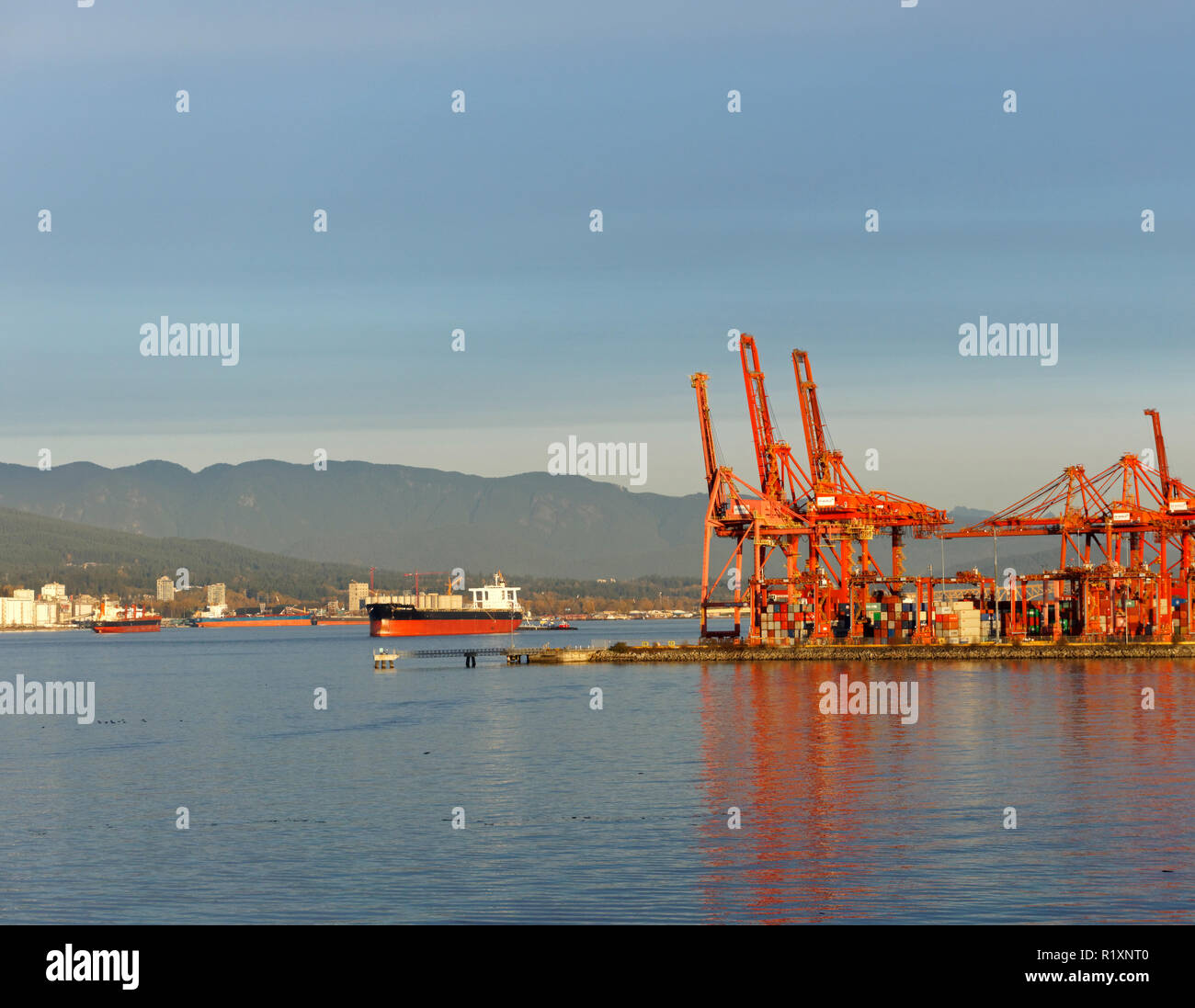 Gantry cranes and container ships in Burrard Inlet, Port of Vancouver, BC, Canada Stock Photo