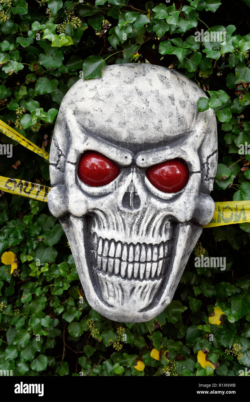 Frightening Halloween grinning skull decoration in a garden Stock Photo
