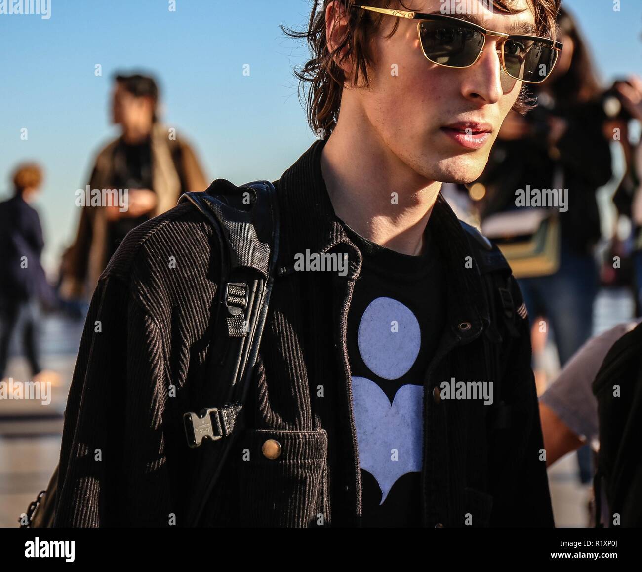 PARIS, France- September 26 2018: Model on the street during the Paris Fashion Week. Stock Photo