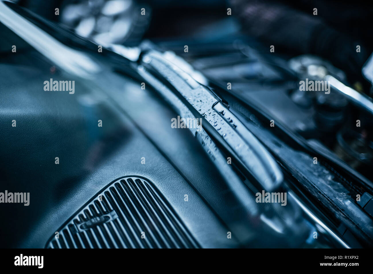 Car windscreen wiper closeup in cold colort Stock Photo