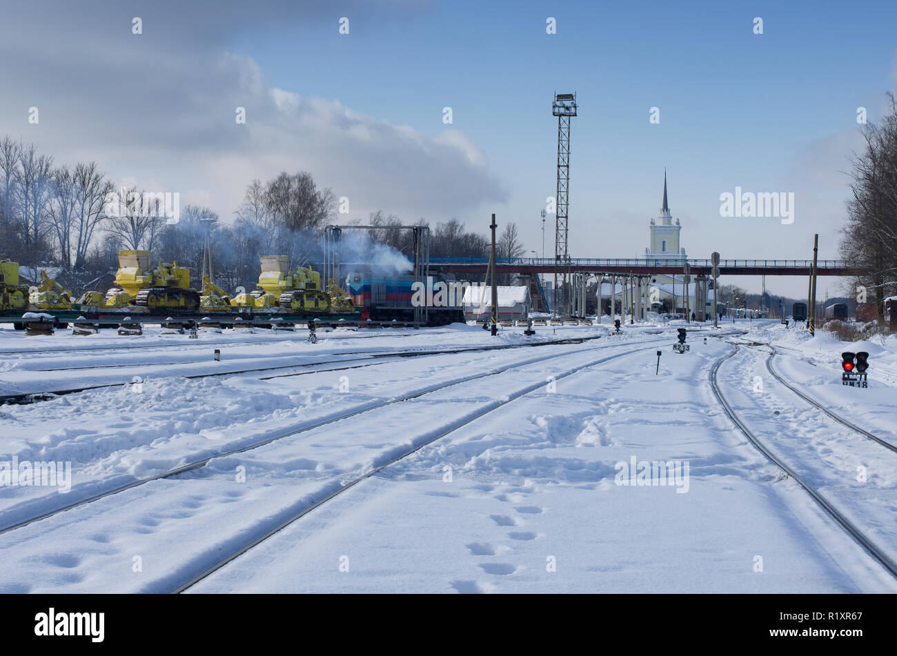 Snow-covered major railway hub in winter time (city of Dno, Russia) Stock Photo
