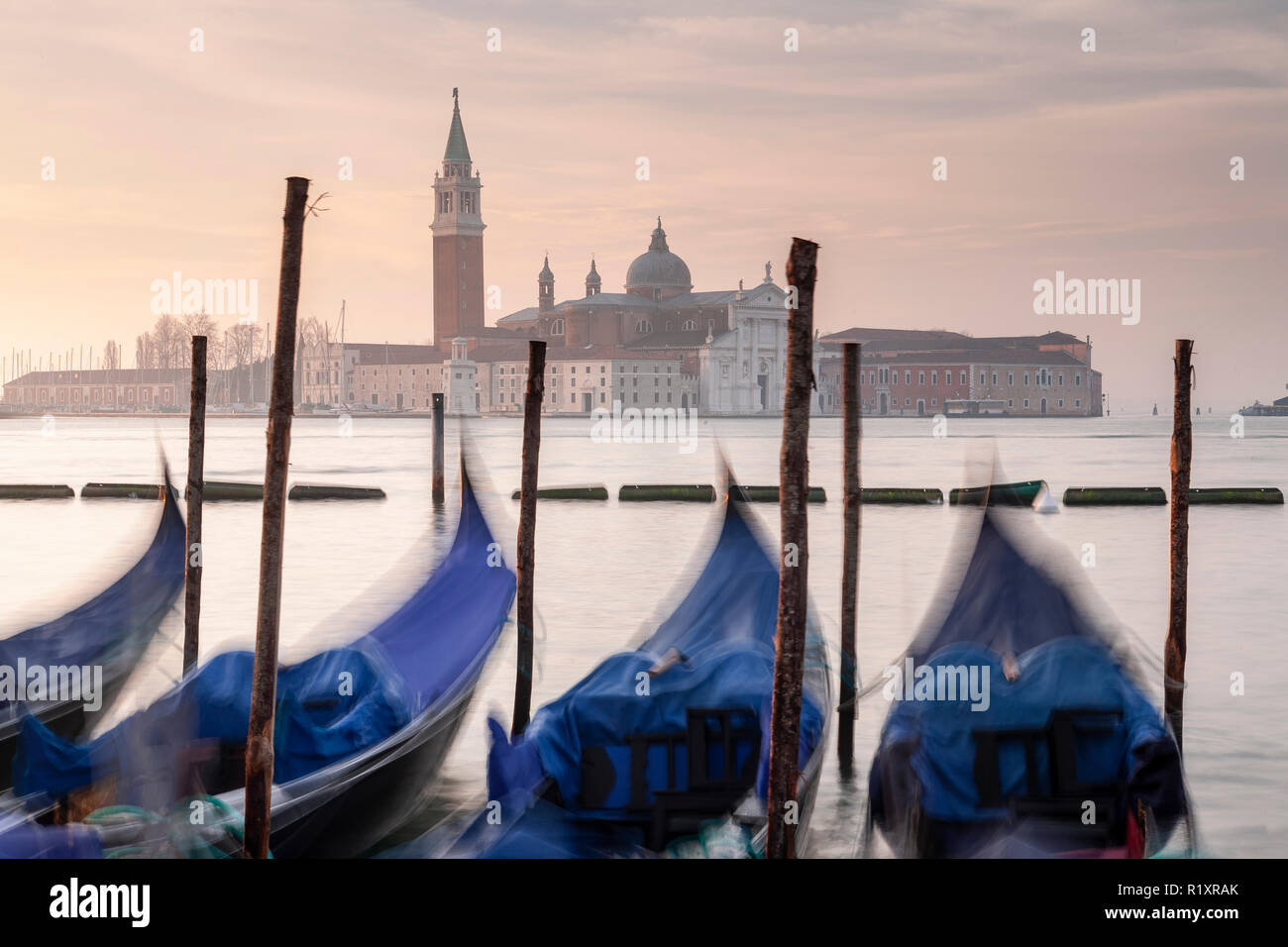 Gondolas moored at San Marco at dawn, Venice, Italy Stock Photo