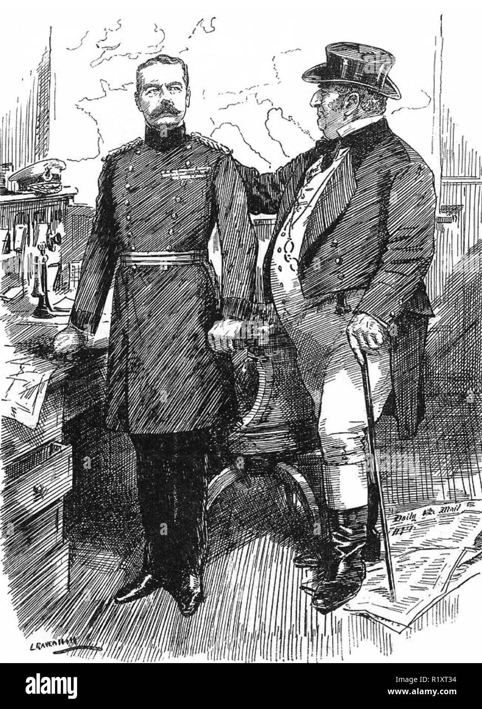 HERBERT KITCHENER, 1st EARL KITCHENER (1850-1916) British army officer being congratulated by John Bull in a Daily Mail cartoon about 1897 Stock Photo