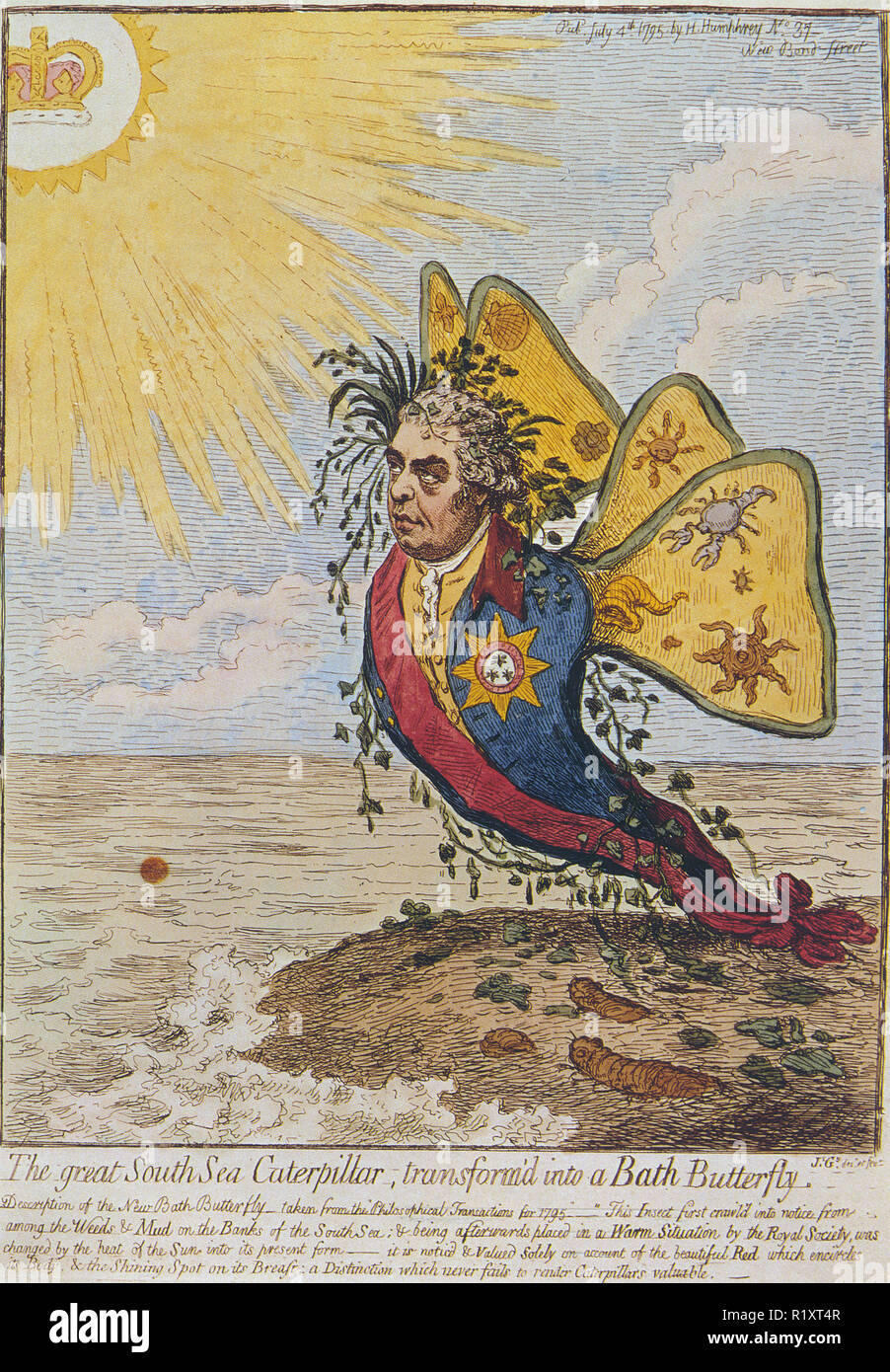 JOSEPH BANKS 1743-1820) English naturalist. James Gillray's 1795 cartoon of Sir Joseph Banks being transformed into a Bath Butterfly when he was awarded the Order of the Bath after his expedition. Stock Photo