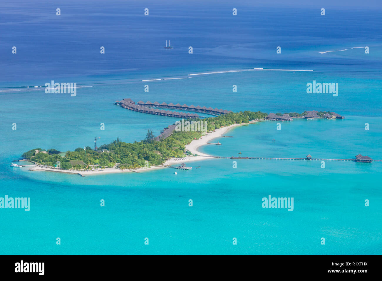 Aerial view of Maldives atolls is the world top beauty. Maldives tourism. Stock Photo